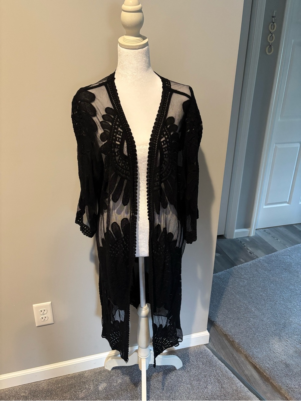 Black Sheer Crochet-Trim Duster Sweater